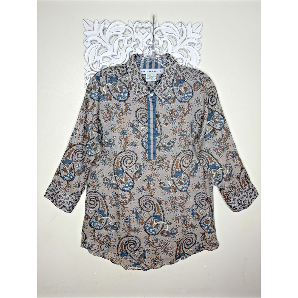 Gretchen Scott Paisley Tunic Top Taupe Blue 3/4 Sleeve Women's Cotton Blouse M